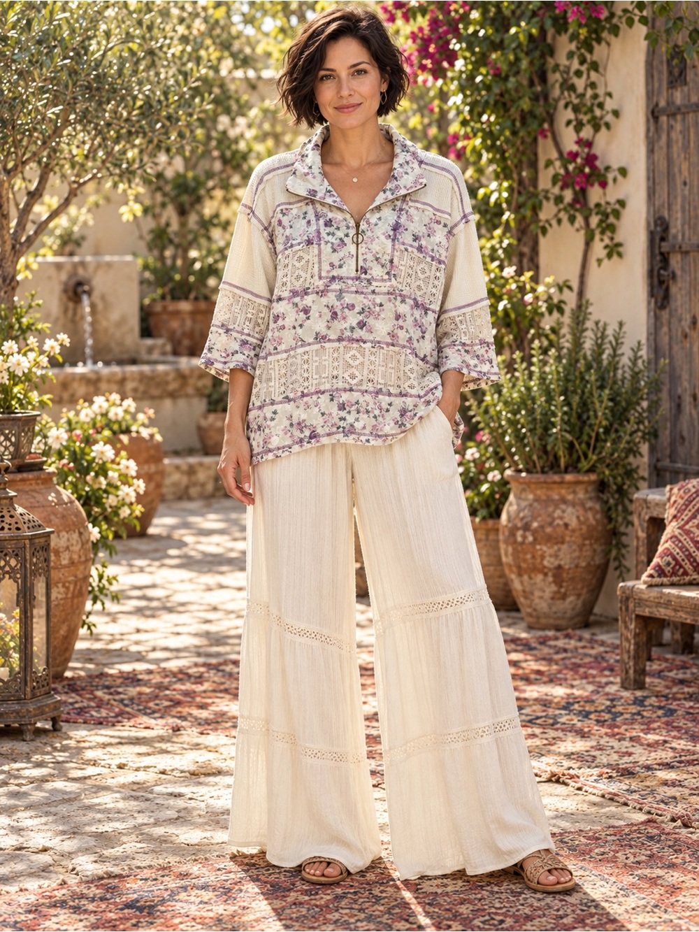 H133 New POL S ptp24 Floral Zip-Neck Pullover Top in Cream and Lavender